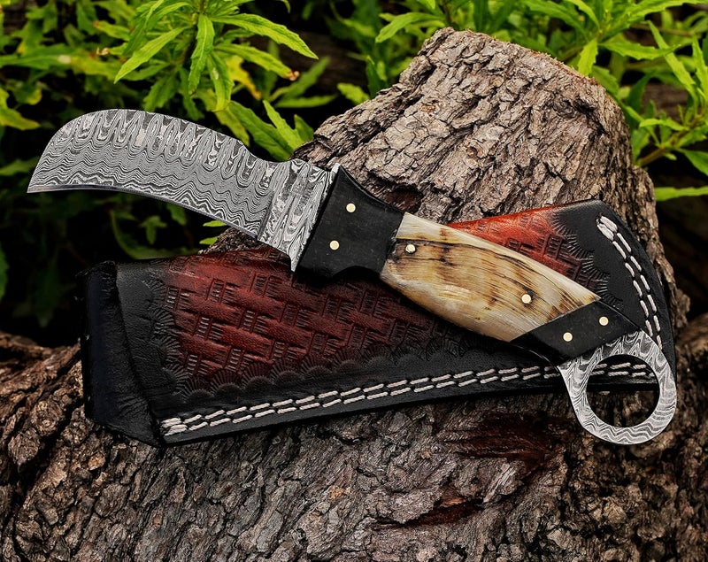 BE BREAK EDGE Handmade 1095 Steel Lineman’s Hawkbill knife with Leather sheath, Heavy Duty Utility Knife blade Electrician Wire Skinning knife for professional.(Horn) - Image 3